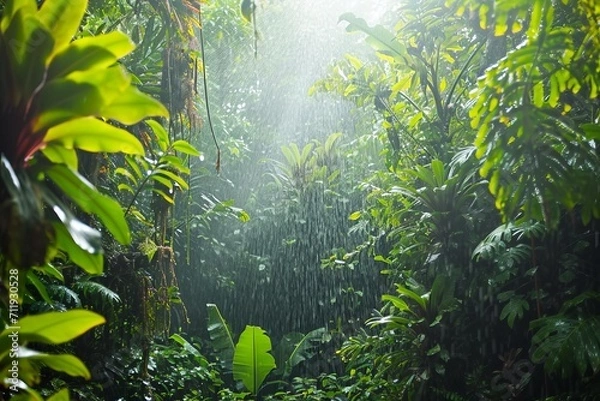 Obraz rain in tropical rainforest with backlit green plants and water and sunrays