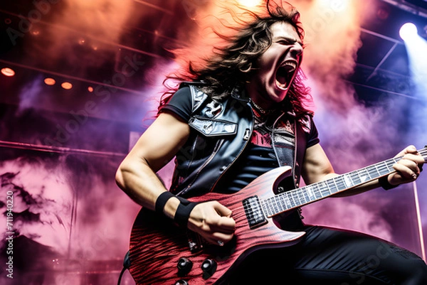 Fototapeta Music Madness: Heavy and thrash metal dynamic stage frontman generative ai
