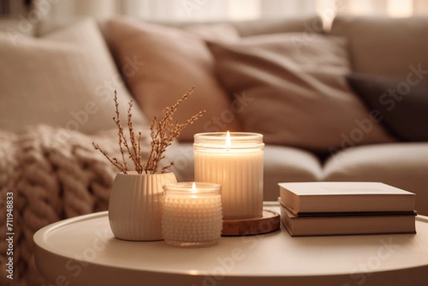Fototapeta Candles and books on a coffee table, a sofa an pillows in the background. cozy winter atmosphere interior. 