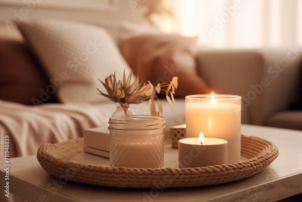 Fototapeta Candles on a coffee table, a sofa in the background. cozy winter atmosphere interior. 