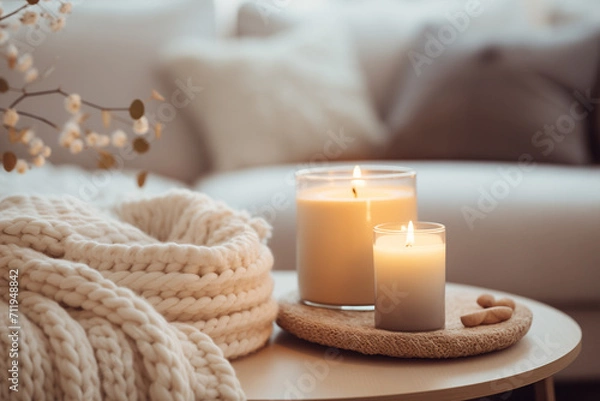 Fototapeta Closeup shot of candles and knitted blanket on a coffee table, sofa and pillows in the background. cozy winter atmosphere interior. 