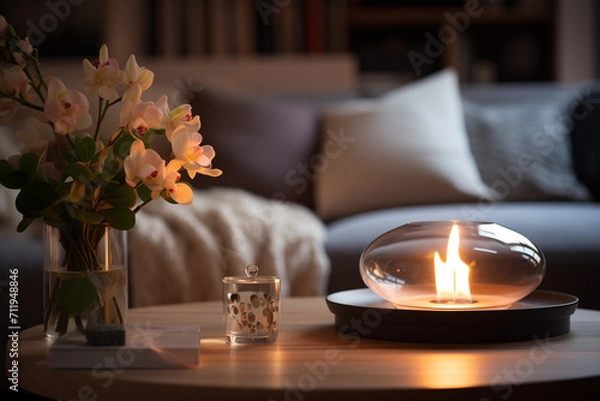 Fototapeta Closeup shot of a decorative tabletop fireplace (candle) and flowers on a coffee table. sofa and pillows in the background. cozy winter atmosphere interior.