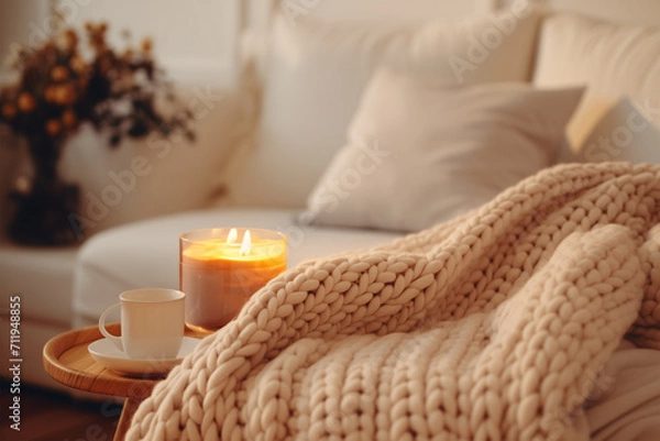 Fototapeta Closeup shot of candles and knitted blanket on a coffee table, sofa and pillows in the background. cozy winter atmosphere interior. 