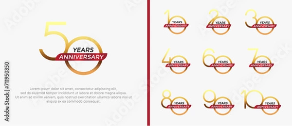 Fototapeta set of anniversary logo gold color and red ribbon on white background for celebration moment