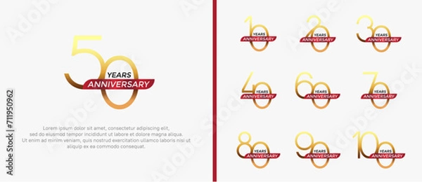 Fototapeta set of anniversary logo gold color and red ribbon on white background for celebration moment