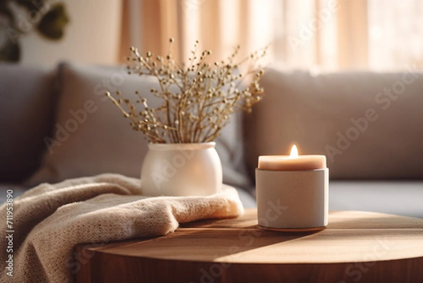 Fototapeta Closeup shot of candle on a coffee table. sofa and pillows in the background. cozy winter atmosphere interior. 