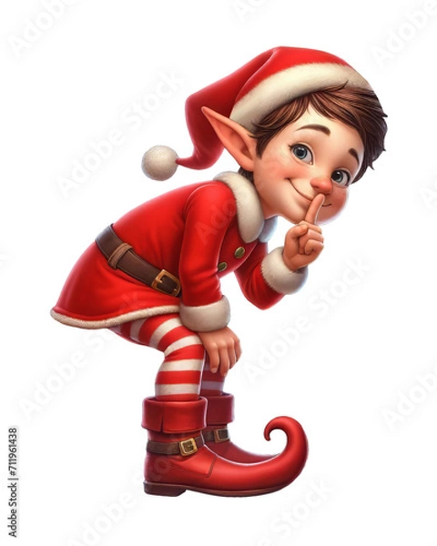Fototapeta A young Christmas Elf sharing a secret isolated on a transparent background