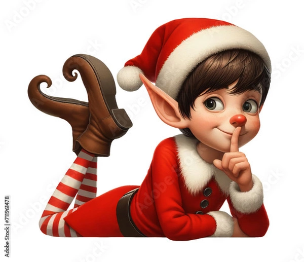 Fototapeta A young Christmas Elf laying on a flat surface isolated on a transparent background	