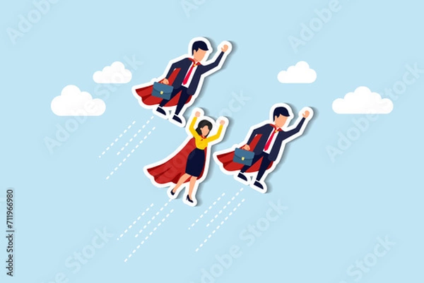 Fototapeta Professional people to help business success, teamwork or unity, super power to grow business fast, strength or team support concept, business people team members superhero flying high up in the sky.