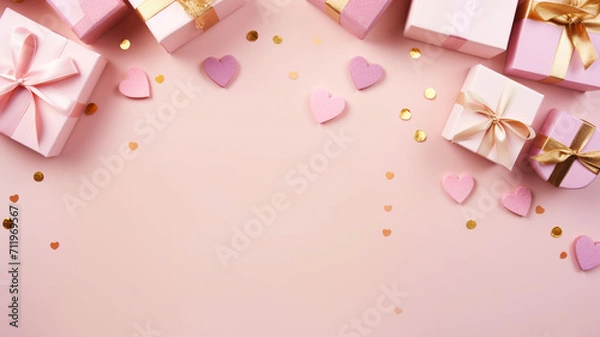 Fototapeta Valentine's day flat lay theme with gift boxes and hearts on a pink background