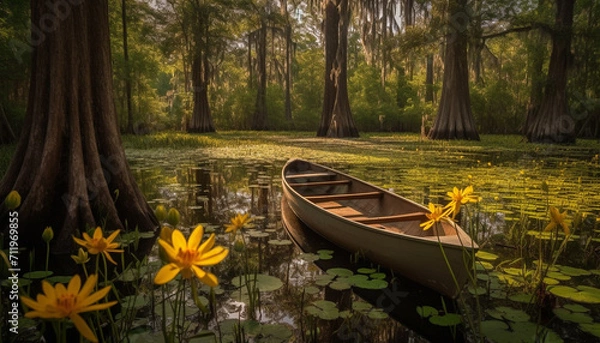 Fototapeta Tranquil scene of a yellow tree by a peaceful pond generated by AI