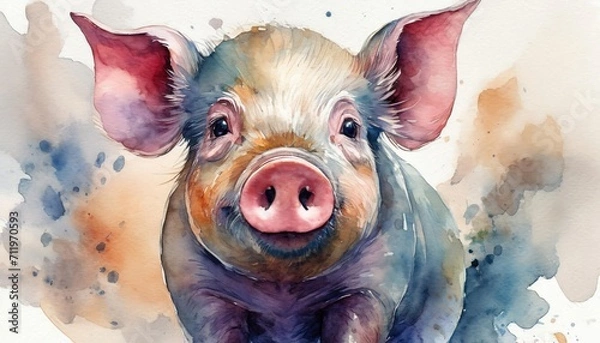 Obraz The watercolor of the pink pig in the farm.