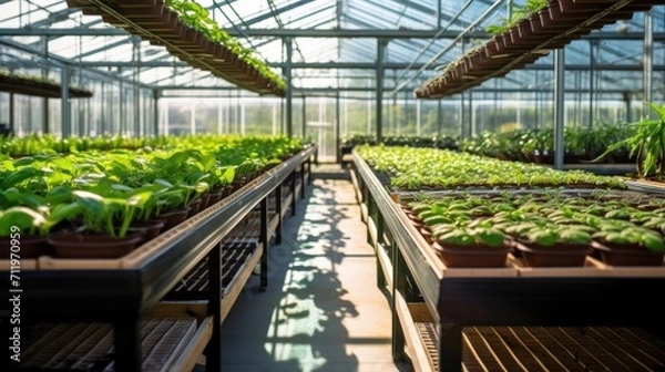 Fototapeta Rows of plants in boxes in glass greenhouse. Generative AI.