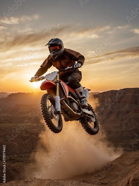 Fototapeta Motocross racer with his motorcycle floating in the sky, at the desert