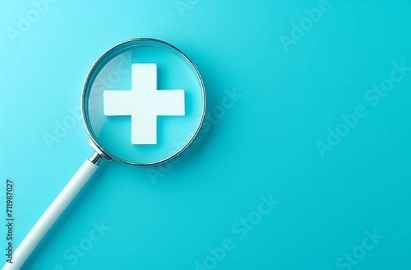 Fototapeta Magnifying glass with medical cross on blue background. 3d render