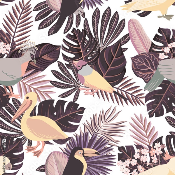 Fototapeta vector drawing seamless pattern with tropical birds and leaves, hand drawn natural background, jungle cover design