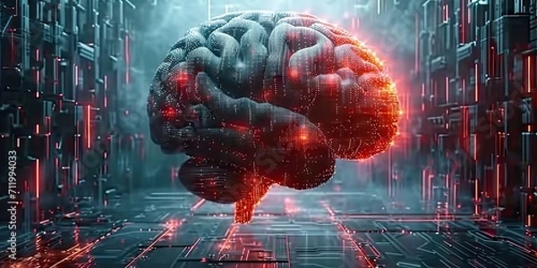 Fototapeta Brain science illustration in blue depicting human intelligence and technology concept digital abstract network idea intellect background with biology neural learning computer communication with AI