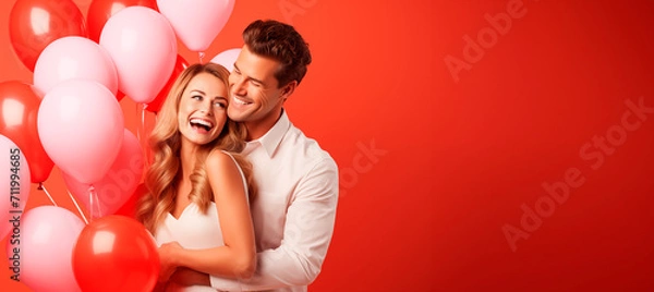 Fototapeta Thirty year old newly married couple hugging each other with pink and red balloons, studio photo, red background with copy space. Valentine's day concept. Valentine's day concept. Generative AI