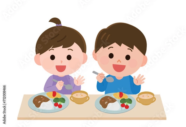Fototapeta 食事をする男の子と女の子　イラスト