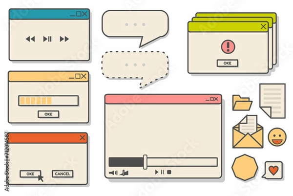Fototapeta Collection of retro vaporwave desktop browser and window templates and folder icons, messages and more. Nostalgic retro 80s 90s operating system. Vector illustration.