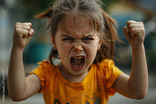 Obraz Little angry girl shouting in class at school. Concept of emotions and family relation.