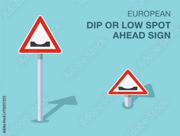 Fototapeta Traffic regulation rules. Isolated european dip or low spot ahead sign. Front and top view. Flat vector illustration template.