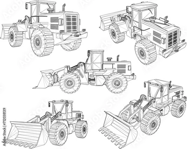 Fototapeta Vector sketch illustration of bulldozer tractor heavy equipment vehicle design