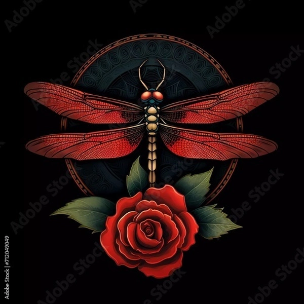 Obraz illustration of a dragonfly with a red rose on a black background. generative ai