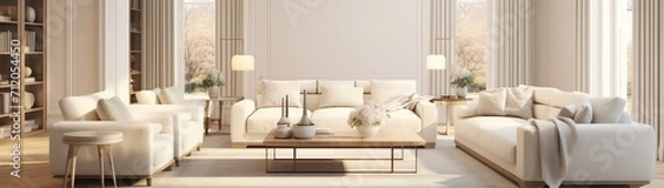 Fototapeta Luxury living room design, bright beige interior apartment, panorama, 3d render, 3d illustration