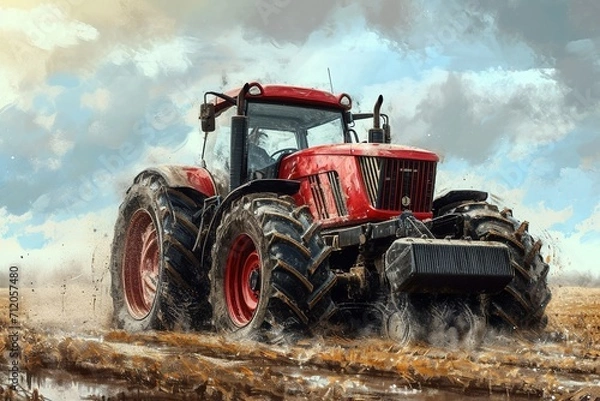 Fototapeta Big tractor on a field in spring.