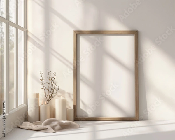 Fototapeta mockup of a blank large light oak frame leaning against a white wall.