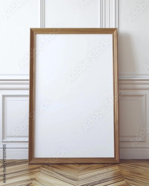 Fototapeta mockup of a blank large light oak frame leaning against a white wall.