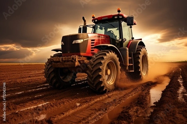 Fototapeta The tractor plowing the fertile soil, preparing it for planting season.