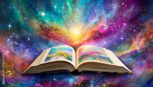 Obraz an open book titled "The Universe Unfolds," with each page unfolding into a unique dreamscape. Utilize a whimsical color palette and intricate details to convey the magical journey awaiting beyond eve