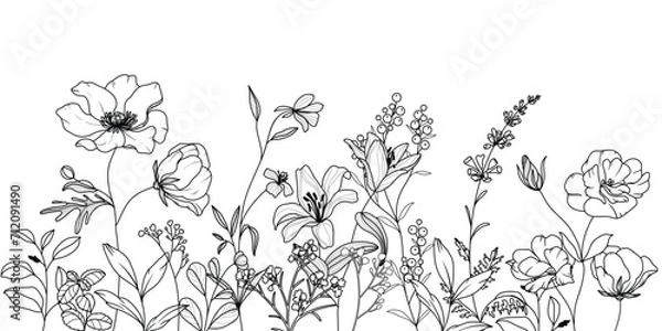 Fototapeta minimal line flower and botanical graphic sketch drawing, trendy tiny tattoo design, floral elements vector illustration