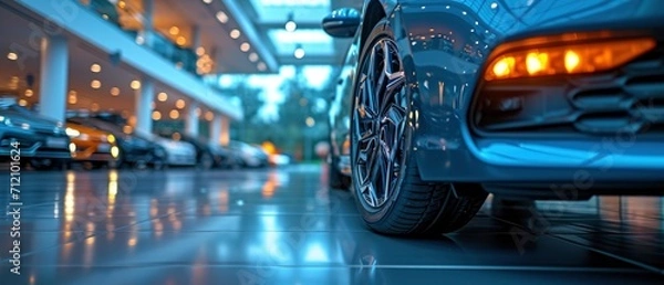 Fototapeta A Close-Up View of a Vehicle's Grille, Showcasing Impeccable Detail and Craftsmanship, with a Blurred Showroom Background Adding a Touch of Automotive Elegance.