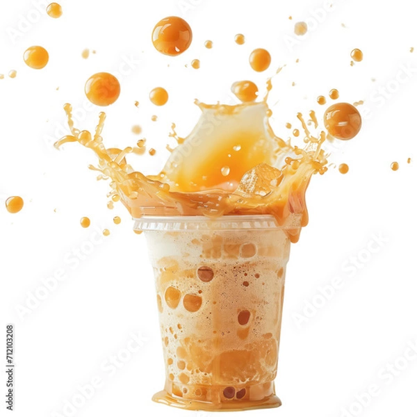 Obraz Caramel bubble milk tea In a ready-to-drink glass, bubble tea splashes, sweet, mellow and refreshing. Used to make drink menus in cafe. isolate on white .png