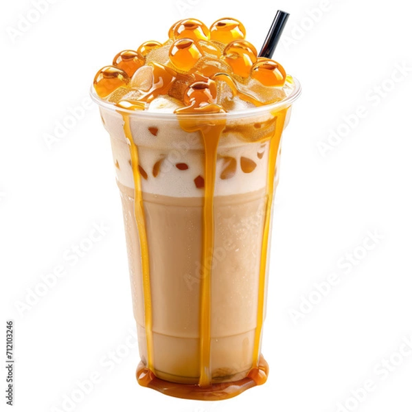 Obraz Caramel bubble milk tea In a ready-to-drink glass, bubble tea splashes, sweet, mellow and refreshing. Used to make drink menus in cafe. isolate on white .png