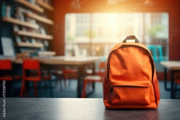 Fototapeta Yellow school bag in the bokeh classroom background. Back to school concept background with copyspace, place for text.	