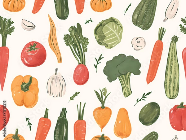 Fototapeta ヘルシーライフを彩るカラフル野菜のイラストパターン