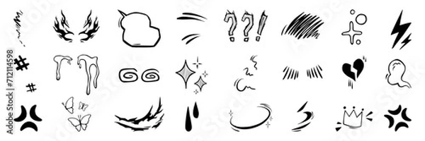 Fototapeta Anime manga ink drawing emotion effect element. Expression sign, speech bubble, crown, heart and butterfly shape. Character emotion vector set.