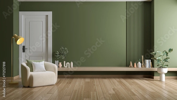 Obraz TV wall mounted with modern sofa with wood shelf in living room interior and green ,wall mockup ,3d rendering