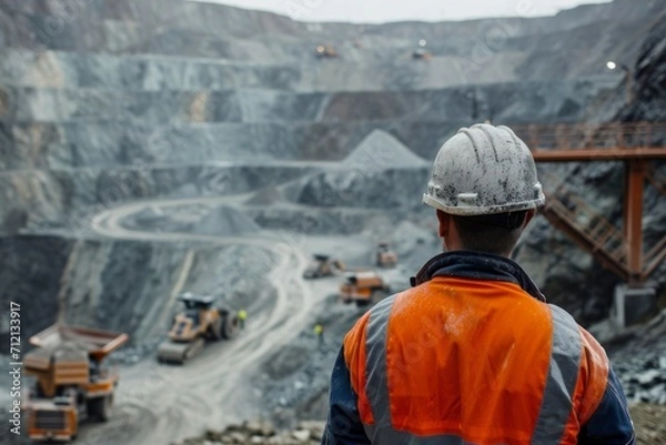 Fototapeta Back view of a mining engineer at a mine site. Male workers in mining