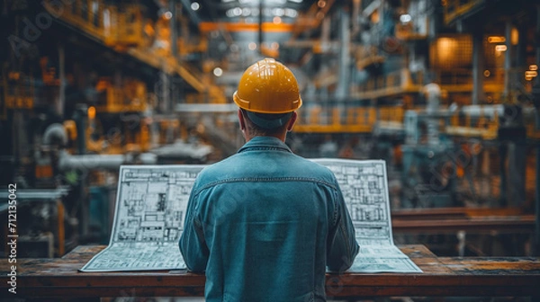 Fototapeta Professional engineer with a safety helmet intently checking complex blueprints at an industrial manufacturing plant.