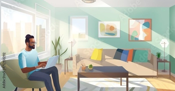 Fototapeta Humorous depiction of hybrid work attire, blending business and comfort in a home office environment."