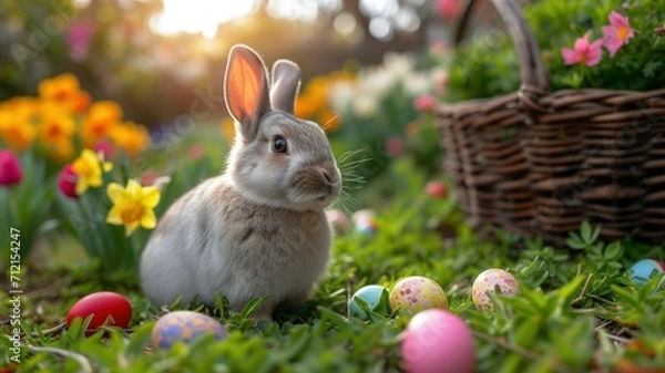 Fototapeta Grey Bunny with Easter Eggs in Morning Light. Generative AI.