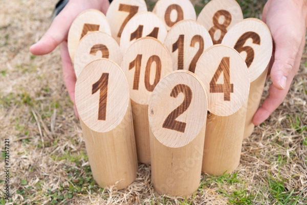 Obraz モルックのスキットルを並べる男性