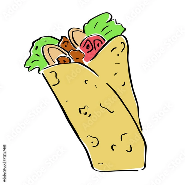 Fototapeta shawarma roll with meat and vegetables single vector clip art. Hand-drawn doodle illustration of fast food