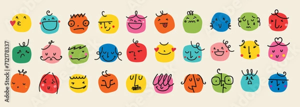 Fototapeta Groovy lovely funny faces stickers. Love concept. Happy Valentines day. Funky happy face characters in trendy retro 60s 70s cartoon style. Vector illustrations