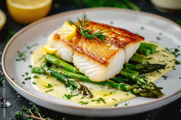 Fototapeta Fine Dining Fish: Atlantic Cod Fillet with Asparagus and Lemon Sauce, Exquisitely Plated on a White Dish, Illuminating a Dark Table in a Gastronomic Overture of Mediterranean Cuisine.

